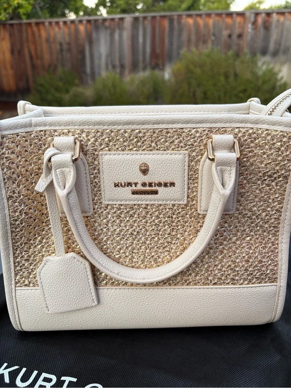 Kurt Geiger Cream and Gold Raffia Satchel